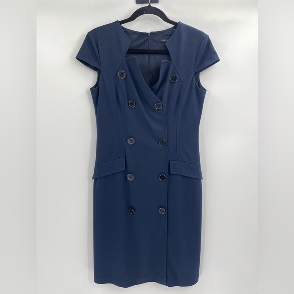 David Meister Navy Blue Retro Double Button Sheath Polyester Rayon Dress 6 - Picture 1 of 16